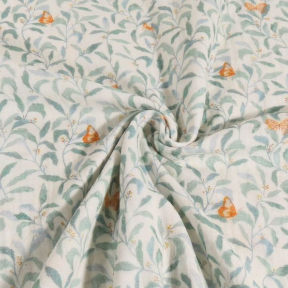 Tissu Double gaze de Coton Feuilles vertes et papillons sur fond Blanc - Par 10 cm