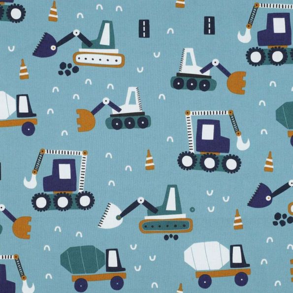 Tissu Coton imprimé Poppy Engins de chantier sur fond Bleu pétrole - Par 10 cm