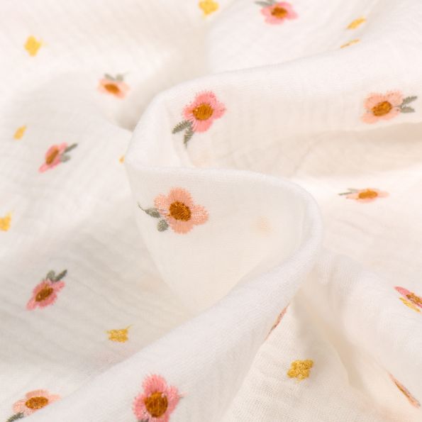 Tissu Double gaze Lalou brodé sur fond Blanc - Par 10 cm