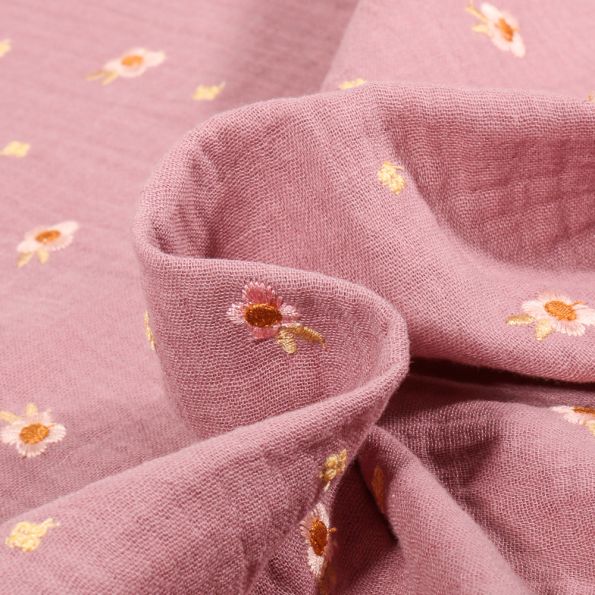 Tissu Double gaze Lalou brodé sur fond Vieux rose - Par 10 cm