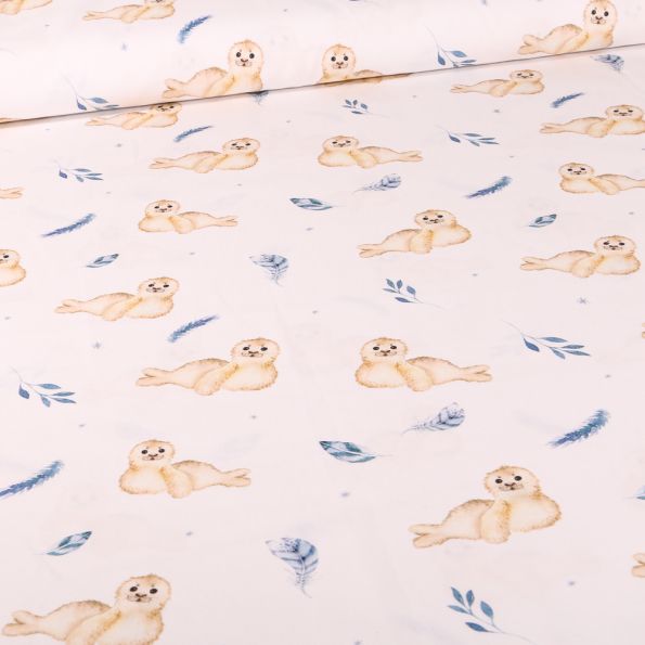 Tissu Coton imprimé Phoques sur fond Blanc cassé - Par 10 cm