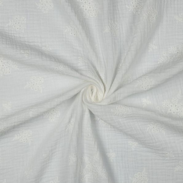 Tissu Double gaze de Coton brodé Fleurs Tia sur fond Blanc - Par 10 cm
