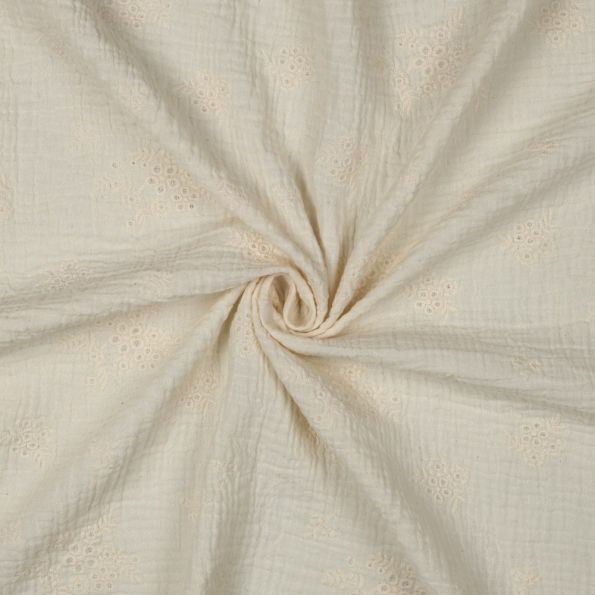 Tissu Double gaze de Coton brodé Fleuris Louisa sur fond Ecru - Par 10 cm