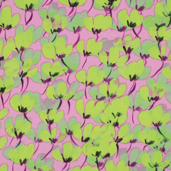 Tissu Viscose Digital Tulipes vertes sur fond Bois de rose - Par 10 cm