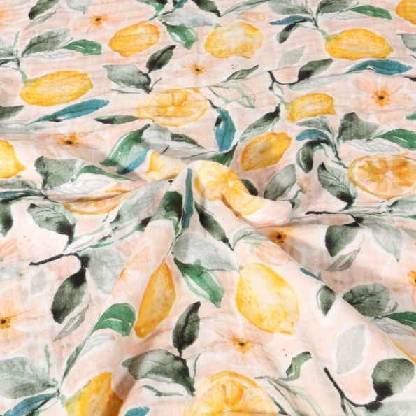 Tissu Double gaze de Coton Digital Citrons jaunes et feuillage sur fond Pêche - Par 10 cm