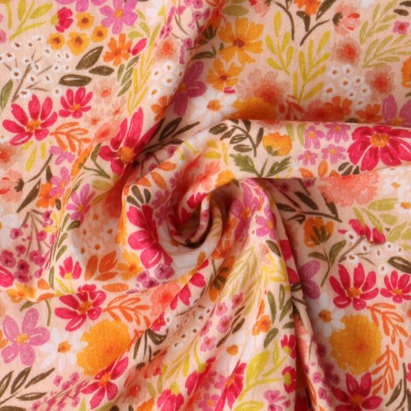 Tissu Coton imprimé fleuris Fleya sur fond Beige - Par 10 cm