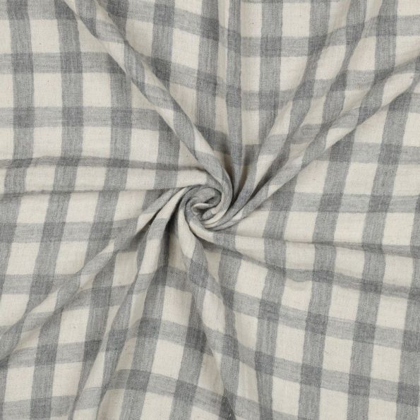 Tissu Double gaze de Coton Lin Carreaux Gris sur fond Ecru - Par 10 cm
