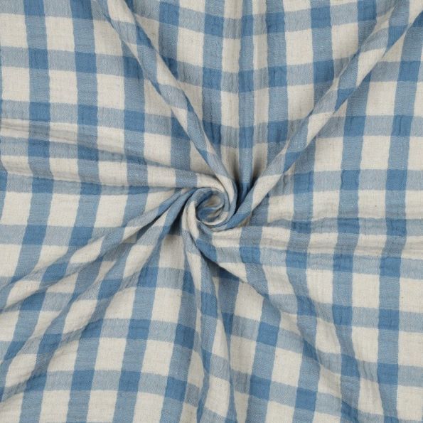 Tissu Double gaze de Coton Lin Carreaux Bleu ciel sur fond Ecru - Par 10 cm