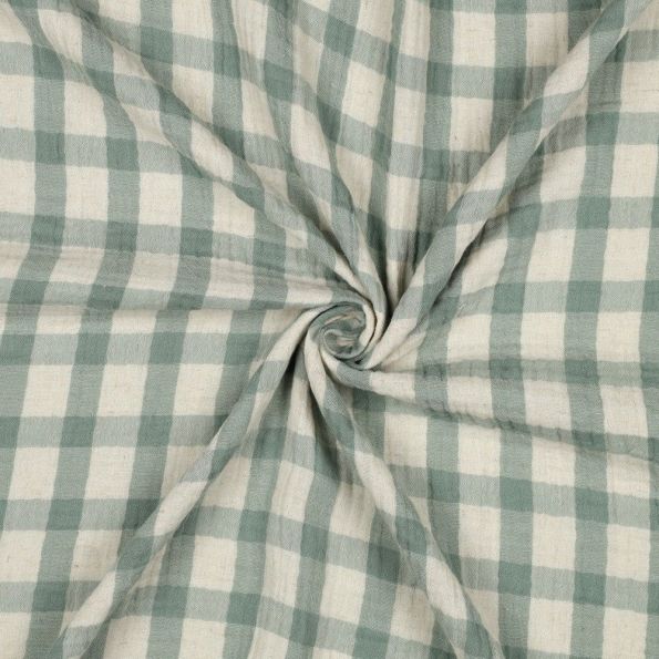 Tissu Double gaze de Coton Lin Carreaux Vert sauge sur fond Ecru - Par 10 cm