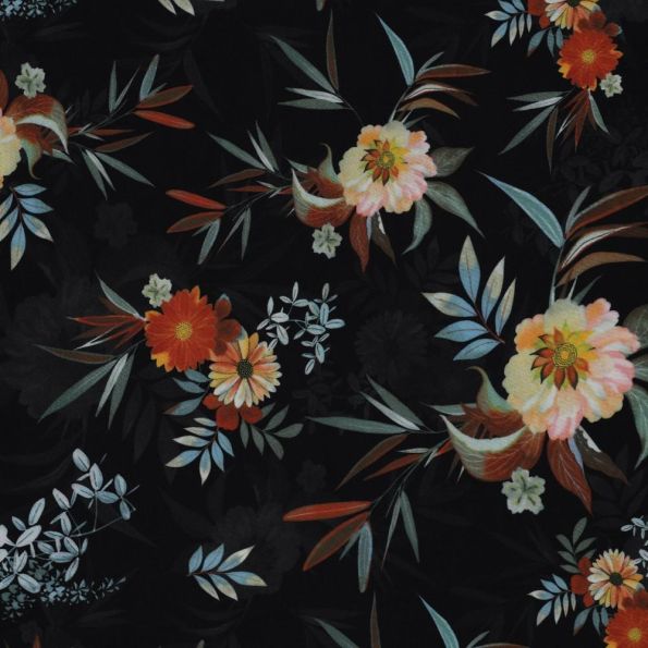 Tissu Viscose Fleurs vintage sur fond Noir - Par 10 cm