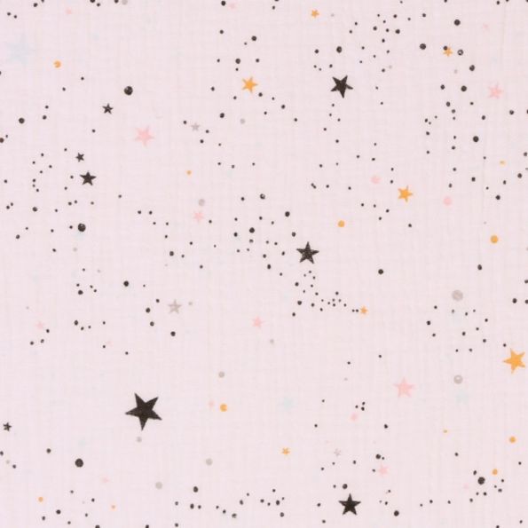 Tissu Double Gaze Galaxy Etoiles Mutlicolores sur fond Blanc - Par 10 cm