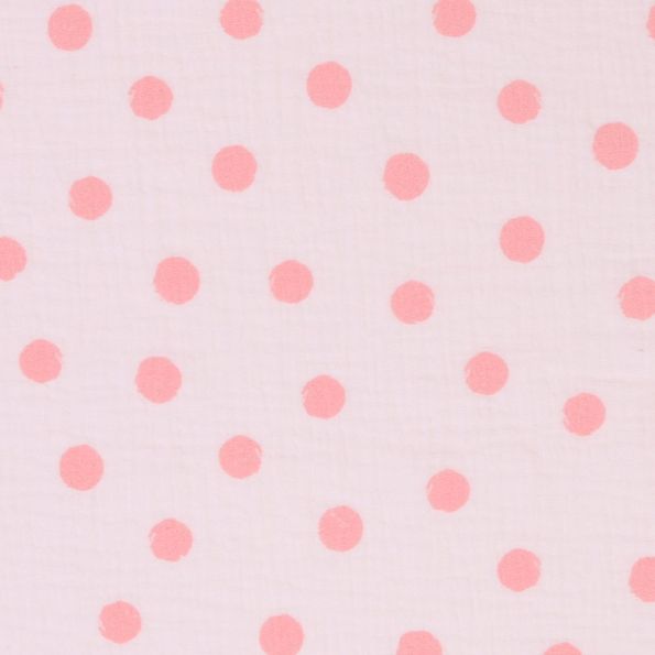 Tissu Double Gaze à Gros Pois Roses sur fond Blanc - Par 10 cm