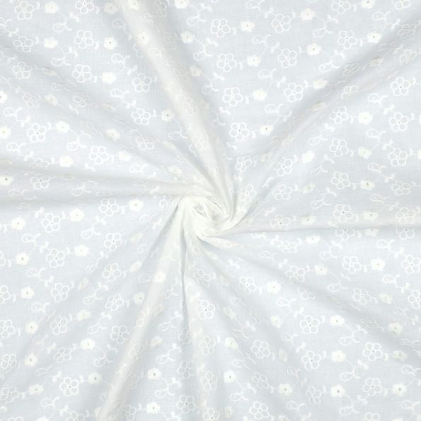Tissu Coton brodé ajouré Petites fleurs sur fond Blanc - Par 10 cm