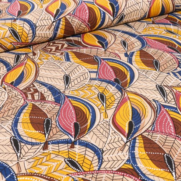 Tissu Viscose Motifs ethniques jaune sur fond Beige - Par 10 cm