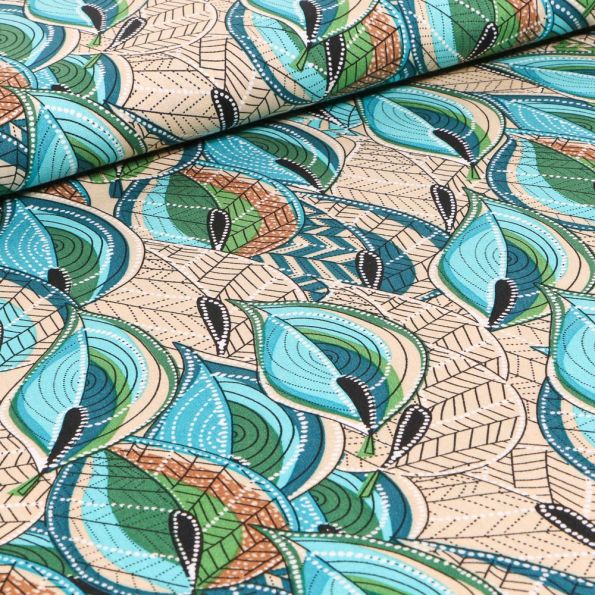 Tissu Viscose Motifs ethniques bleu sur fond Beige - Par 10 cm