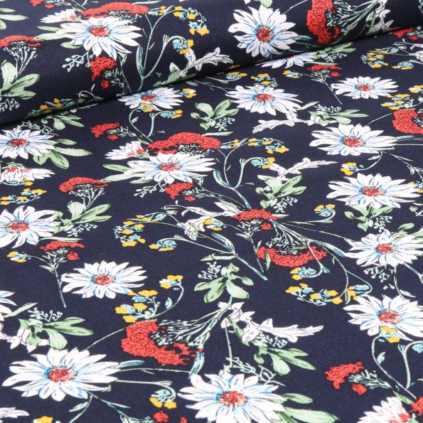 Tissu Viscose Fleurs de printemps sur fond Bleu marine - Par 10 cm