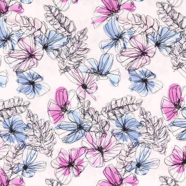 Tissu Viscose Fleurs stylisées Mauves, vieux rose et bleues sur fond Blanc - Par 10 cm