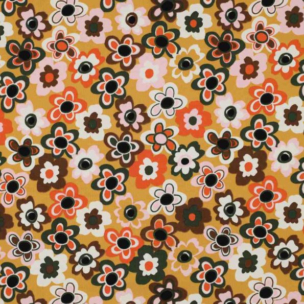 Coupon Tissu Jersey stretch fleurs Floraviva muticolores sur fond Jaune moutarde - Coupon de 110 cm