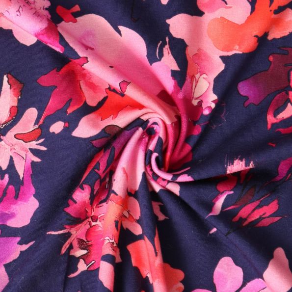 Tissu Jersey stretch Amalia fleurs Roses sur fond Bleu marine - Par 10 cm