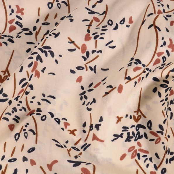 Tissu Viscose Bambou fleuris sur fond Beige - Par 10 cm