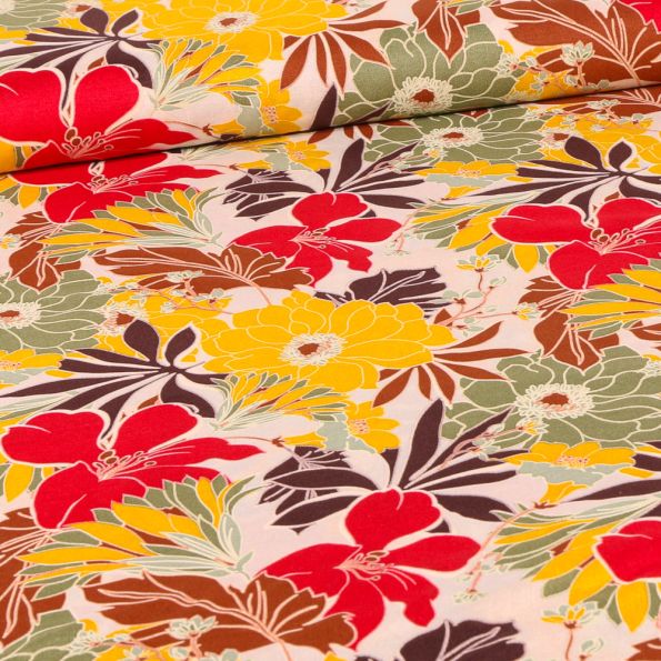 Tissu Viscose Suzanna rouge sur fond Beige - Par 10 cm