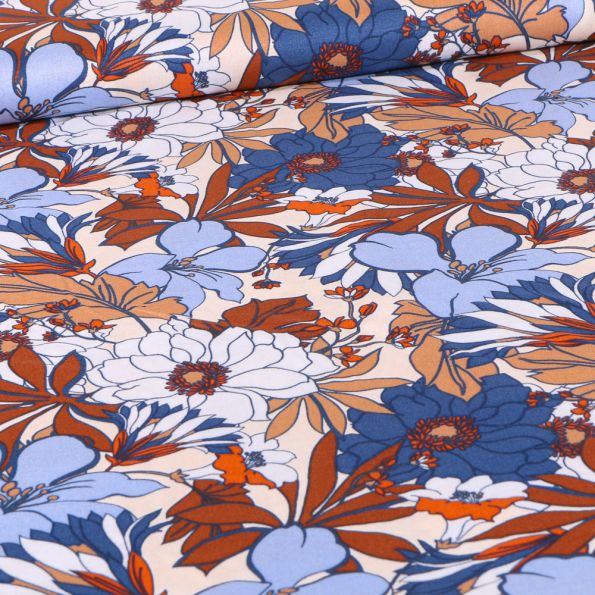 Tissu Viscose Suzanna bleu sur fond Beige - Par 10 cm