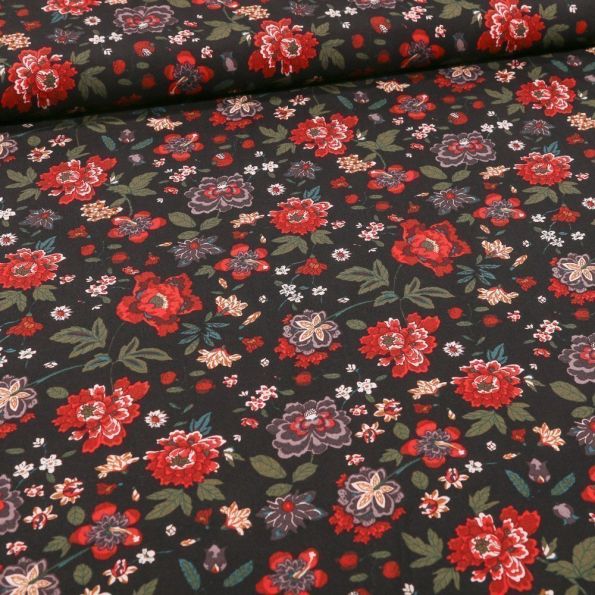 Tissu Viscose Fleuris Louise sur fond Noir - Par 10 cm