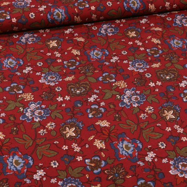 Tissu Viscose Fleuris Louise sur fond Bordeaux - Par 10 cm