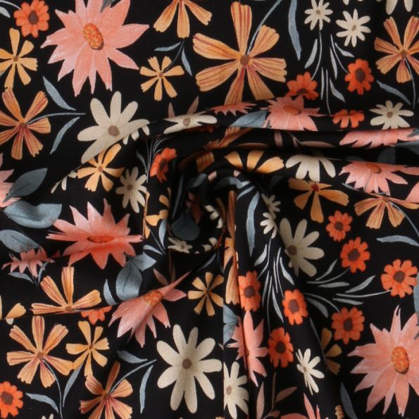 Tissu Jersey stretch fleurs Eboni sur fond Noir - Par 10 cm