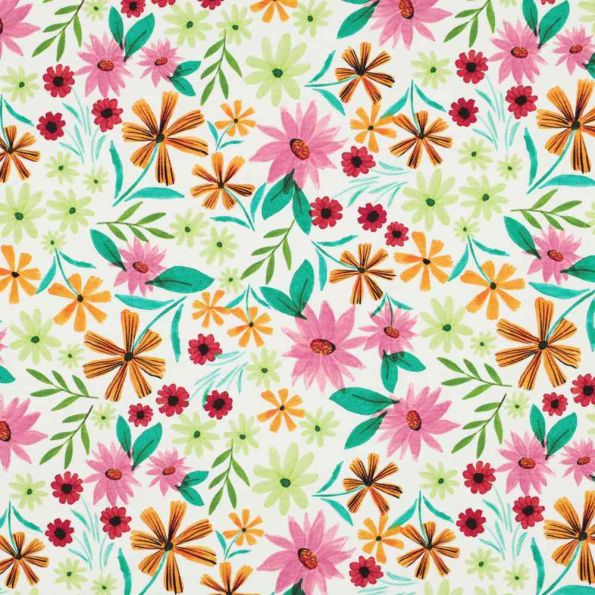 Tissu Jersey stretch fleurs Primavera sur fond Blanc cassé - Par 10 cm