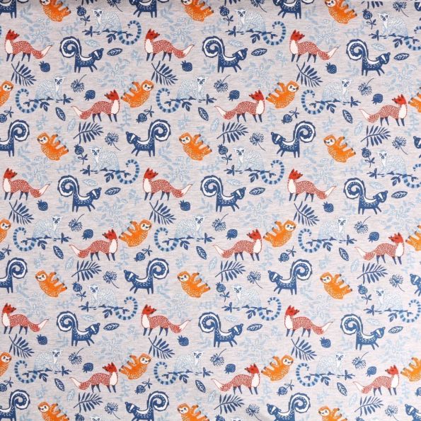 Tissu Sweat envers minky Animaux Orange, brique et bleu marine sur fond Gris clair chiné - Par 10 cm