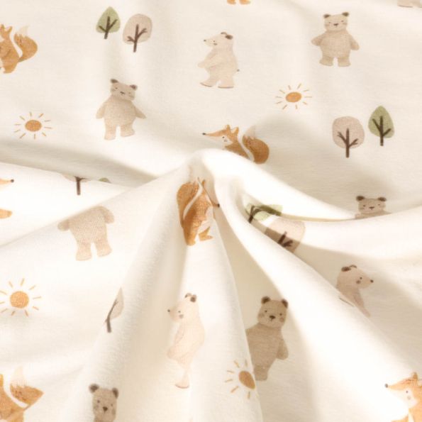 Tissu Jersey Coton imprimé digital Poppy Animaux de la forêt sur fond Ecru - Par 10 cm