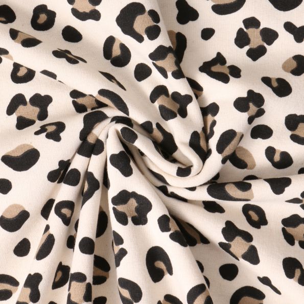 Tissu Sweat envers molletonné Savannah imprimé léopard sur fond Beige - Par 10 cm