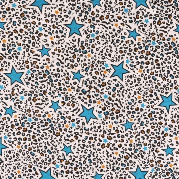 Tissu Sweat  envers minky Etoiles turquoise et tache léopard ocre sur fond Beige chiné - Par 10 cm