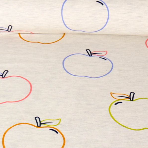 Tissu Jersey imprimé pomme Api Néon sur fond Gris - Par 10 cm