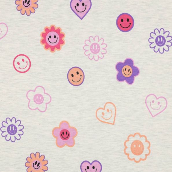 Tissu Jersey Smile orange sur fond Ecru chiné - Par 10 cm