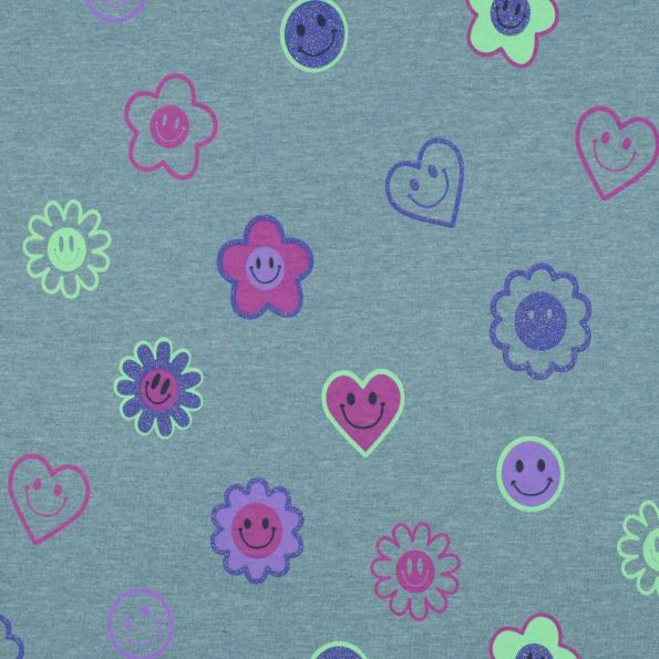 Tissu Jersey Smile violet sur fond Bleu ciel chiné - Par 10 cm