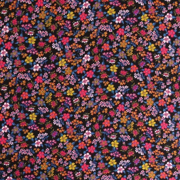 Tissu Viscose imprimé Jardin fleuri coloré sur fond Noir - Par 10 cm