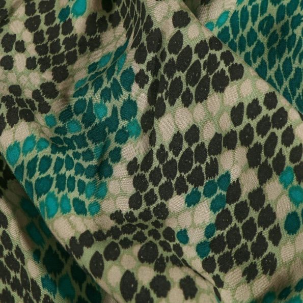 Tissu Viscose Motifs reptiles bleu pétrole sur fond Beige - Par 10 cm