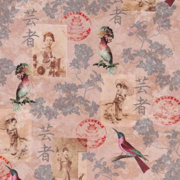 Tissu Toile Coton Décor Chinois Multicolore sur fond Beige - Par 10 cm