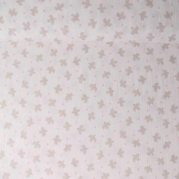 Tissu Double gaze de Coton Suzie oiseaux Beiges sur fond Blanc - Par 10 cm