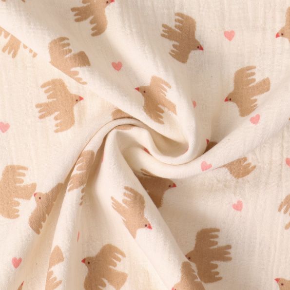 Tissu Double gaze de Coton Suzie oiseaux Camel sur fond Beige sable - Par 10 cm