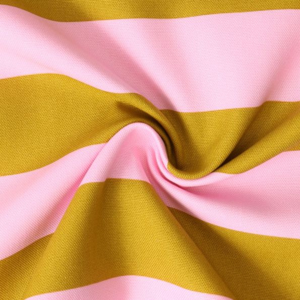 Tissu Toile Canvas Babette rayures Moutarde sur fond Rose bébé - Par 10 cm