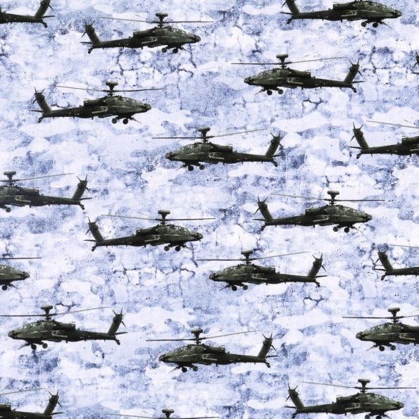 Tissu Sweat léger Hélicoptères Militaires Kaki sur fond Bleu et blanc - Par 10 cm