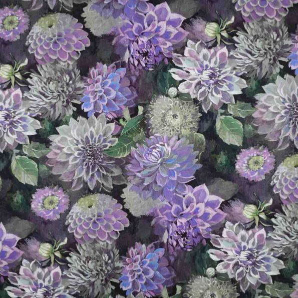 Tissu Toile Canvas fleurs Florombra violettes sur fond Noir profond - Par 10 cm