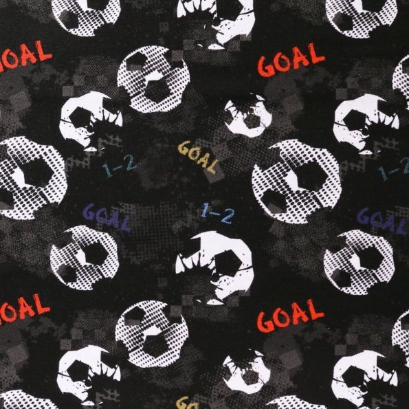 Tissu Sweat Léger Ballons de foot noirs et blancs sur fond Noir - Par 10 cm