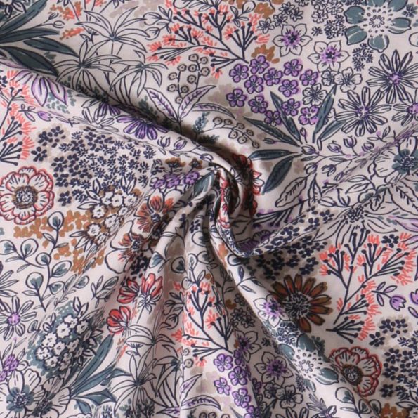 Coupon Tissu Popeline de Coton Amandine fleurs Violettes sur fond Ecru - Coupon de 100 cm