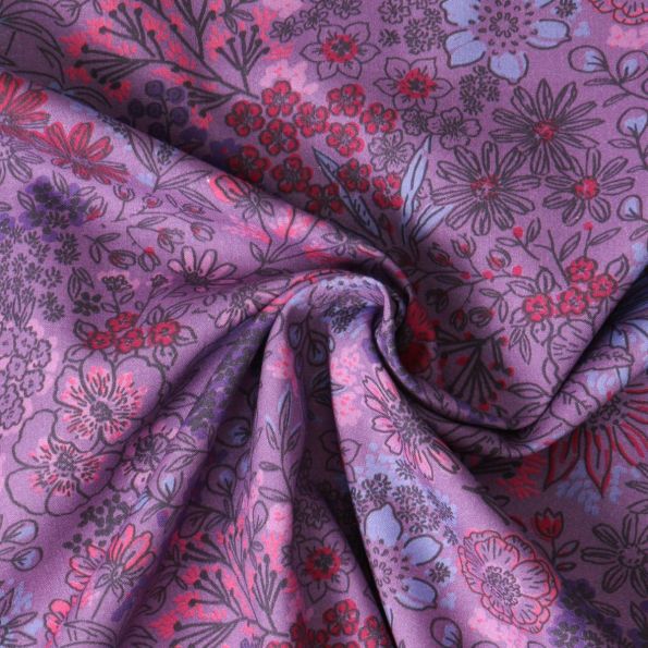Tissu Popeline de Coton Amandine fleurs Rouges sur fond Violet - Par 10 cm