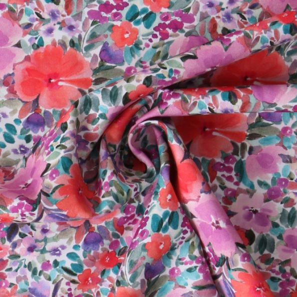 Tissu Coton imprimé fleuris Séréna sur fond Blanc - Par 10 cm