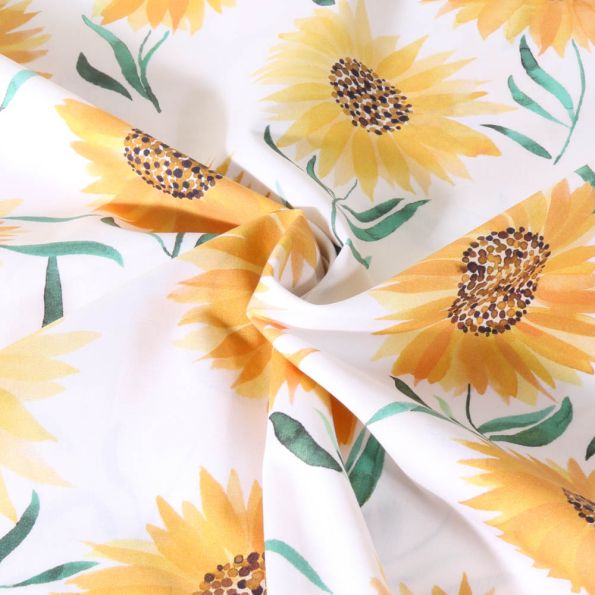 Tissu Popeline de Coton Poppy Tournesol sur fond Blanc - Par 10 cm